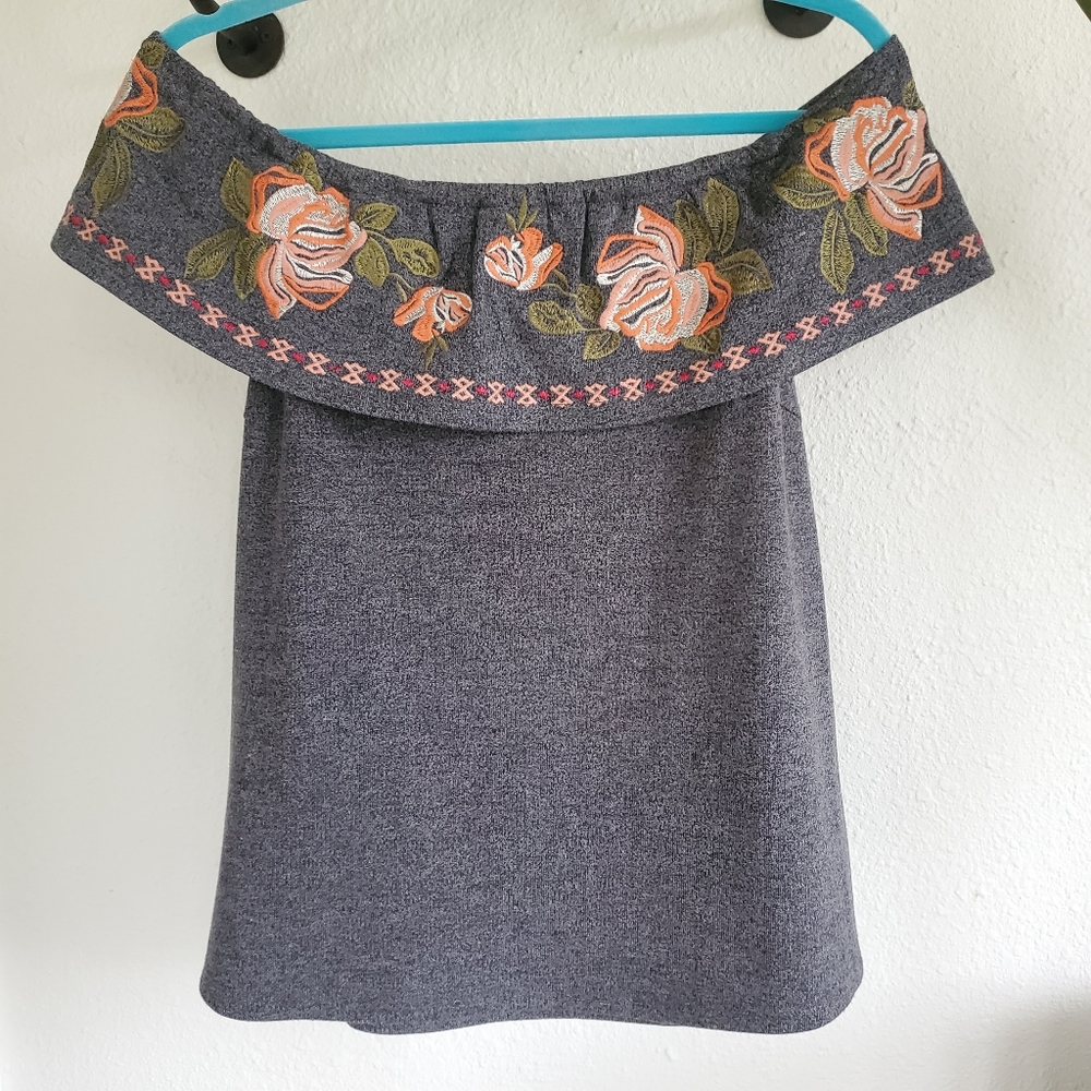 THML Floral Embroidered Off The Shoulder Top